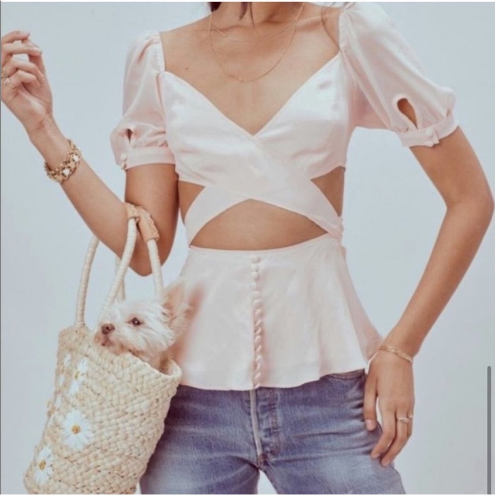 For Love & Lemons Louise Peplum Baby Pink Silk Criss Cross Sexy Chic Top NWT
